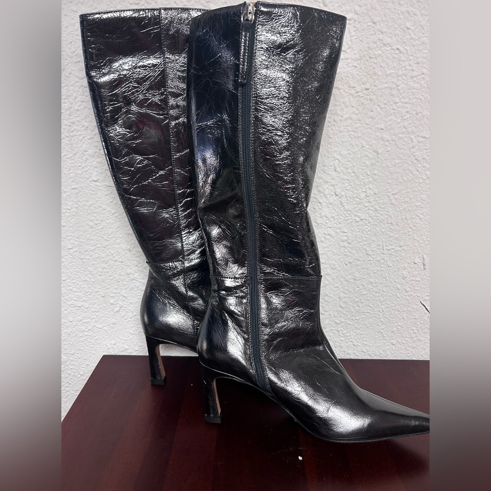 Black with silver Crackle knee-high black leather boots size 7.5 3” heel NIB - Picture 2 of 11
